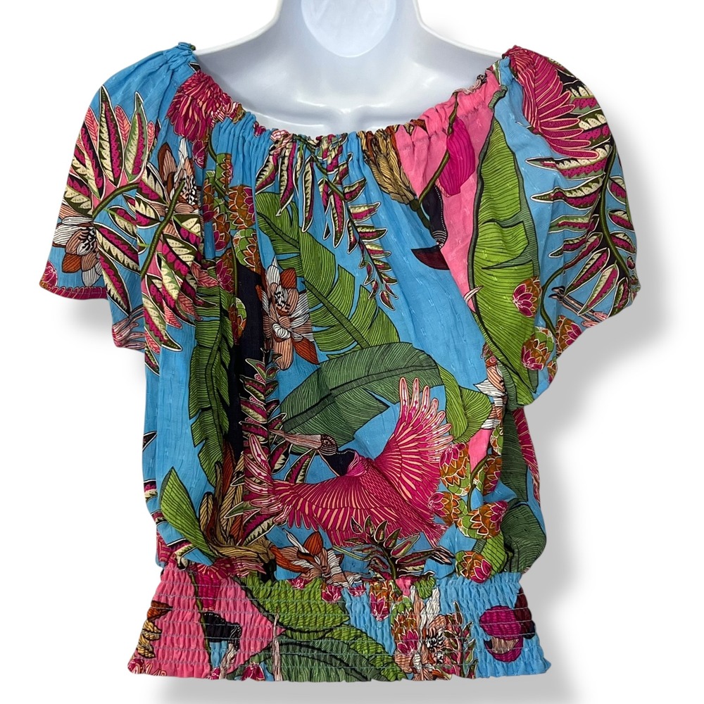 Rachel Rachel Roy S Blue Tropical Bird Floral Smocked Peasant Top Off Shoulder‎ - Picture 2 of 14